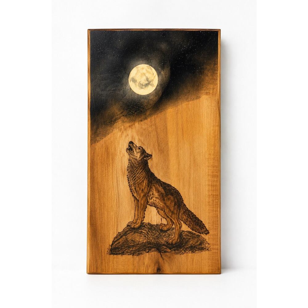 Handmade Live Edge Wood Wall Art Engraved Howling Wolf Moon Rustic Cabin Decor